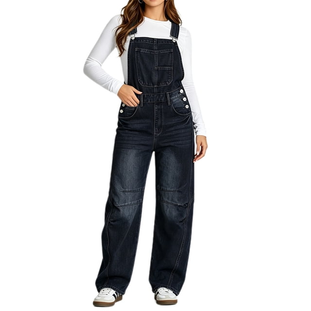 Jean Leg Sticker Women Sleeveless Denim Overall Pants Casual Loose Barrel Leg Jeans ...