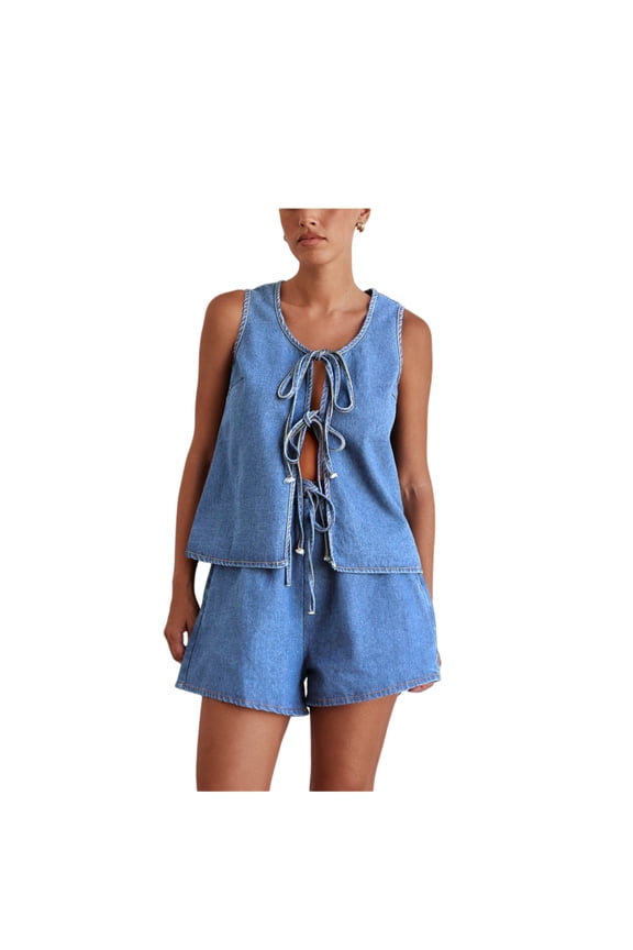 Women Sleeveless Denim Vest & High Waist Tie Shorts Set Casual Summer 2 Piece Outfit