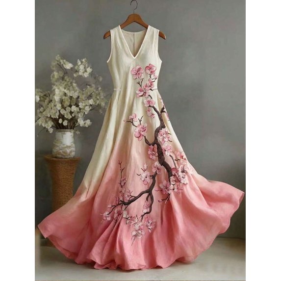 Women Sleeveless Embroidered V-Neck Long Dress Multicolor