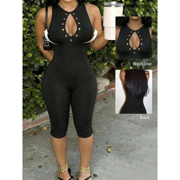 Women Sleeveless Eyelet Cutout Slim Fit Capri Jumpsuit Street Party Club Gym Outfit