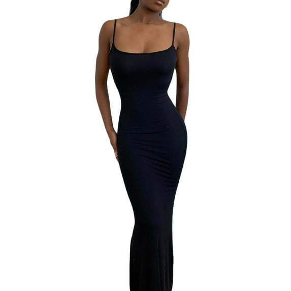 Women Sleeveless Fish Tail Dress, Solid Color Spaghetti Strap Bodycon Long Skirt
