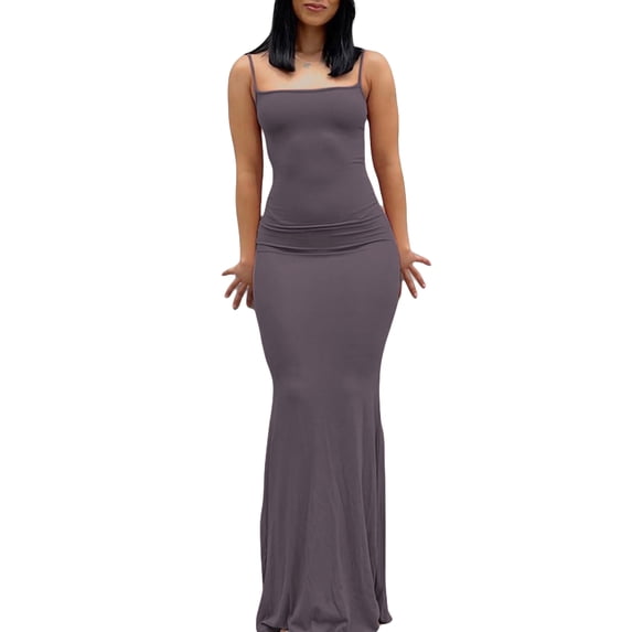 Women Sleeveless Fish Tail Dress, Solid Color Spaghetti Strap Bodycon Long Skirt