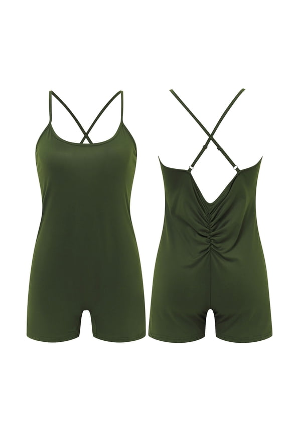 Women Sleeveless Fitness Rompers V Back Tights Yoga Shorts for Workout