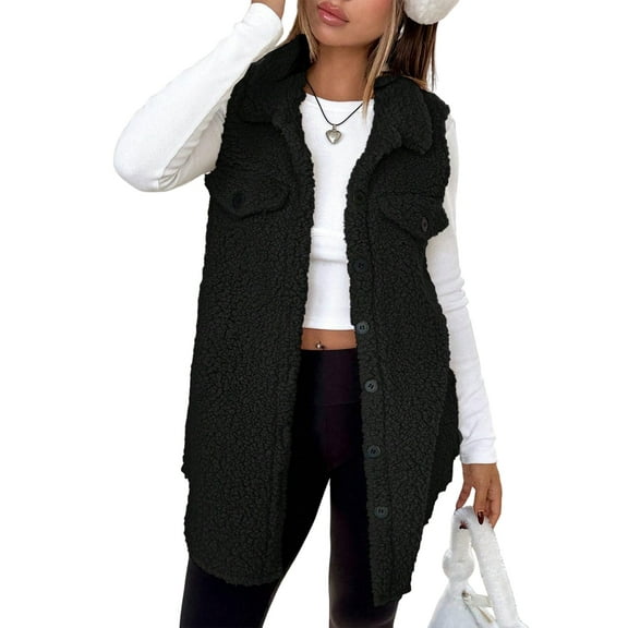 Women Sleeveless Fleece Vest Jacket Winter Cloting for Women Warm Button Down Coat Black XL