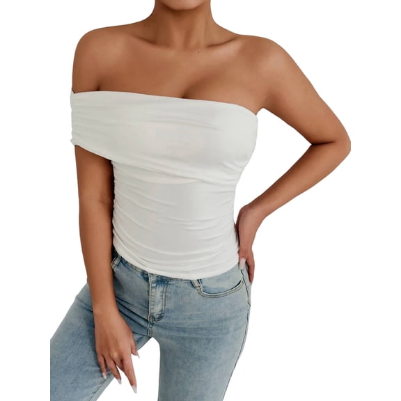 Women Sleeveless Foldover Top Double Lined One Shoulder T Shirts Summer Trendy Going Out Crop Tops White XS