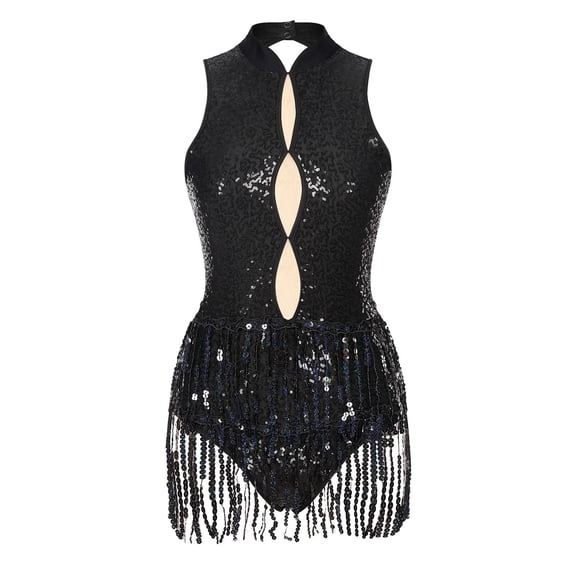 Women Sleeveless Fringed Latin Dance Bodysuit Glitter Sequins Tassel Gymnastics Leotard Performance Costume Tango Dancewear