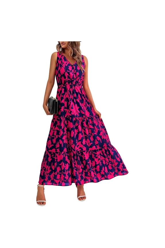 Women Sleeveless Garden Party Dresses Elegant V Neck Tiered Floral Maxi Dress Casual Summer A Line Long Sundress