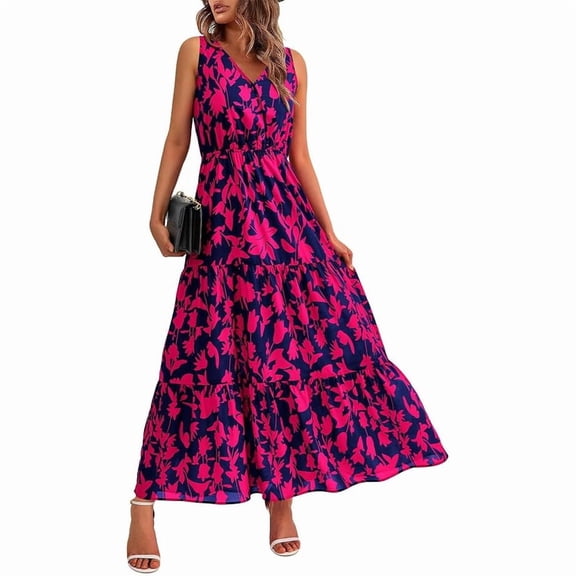 Sleeveless Garden Party Dresses for Women Elegant V Neck Tiered Floral Maxi Dress Casual Summer A Line Long Sundress