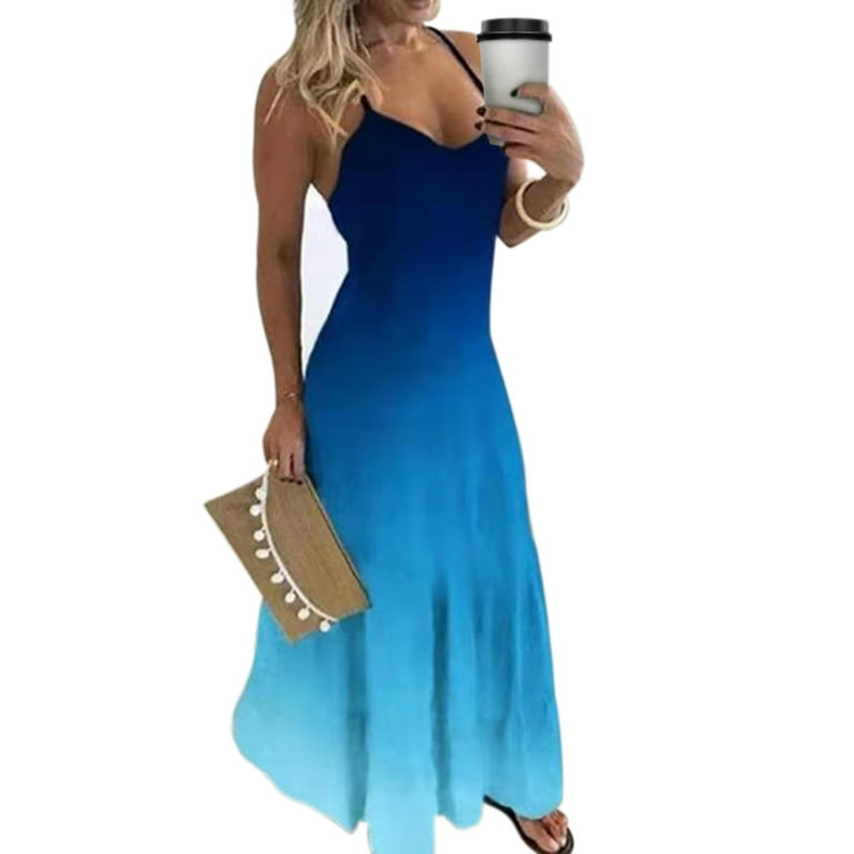 Women Sleeveless Gradient Color Long Maxi Dress Summer Casual Spaghetti  Strap Swing Dress Plus Size Party Evening Cocktail Dress S-5XL 