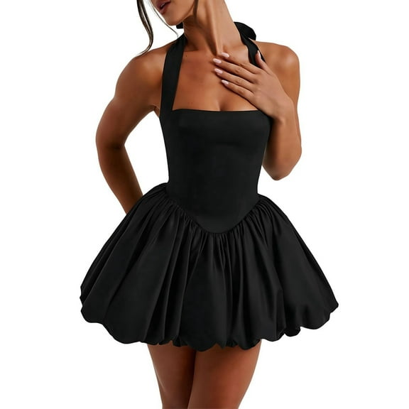 Women Sleeveless Halter Dress Casual Tie Up Backless Corset Bubble Beach Party Dress Black XS