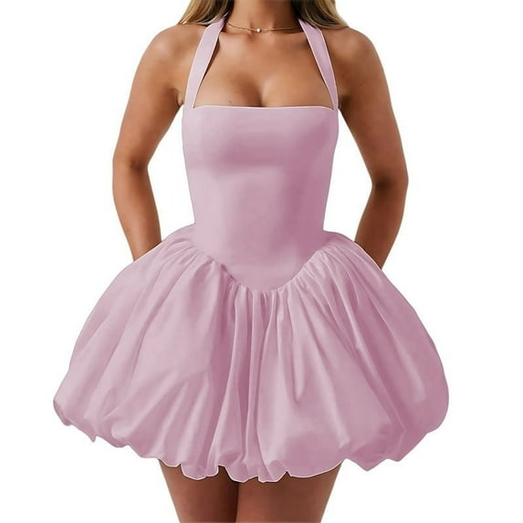 Women Sleeveless Halter Dress Casual Tie Up Backless Corset Bubble Beach Party Dress Pink L