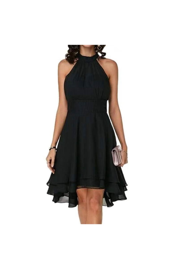 Women Sleeveless Halter High Low Pleated A-Line Flare Hem Chiffon Midi Dress