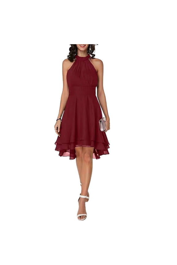 Women Sleeveless Halter High Low Pleated A-Line Flare Hem Chiffon Midi Dress