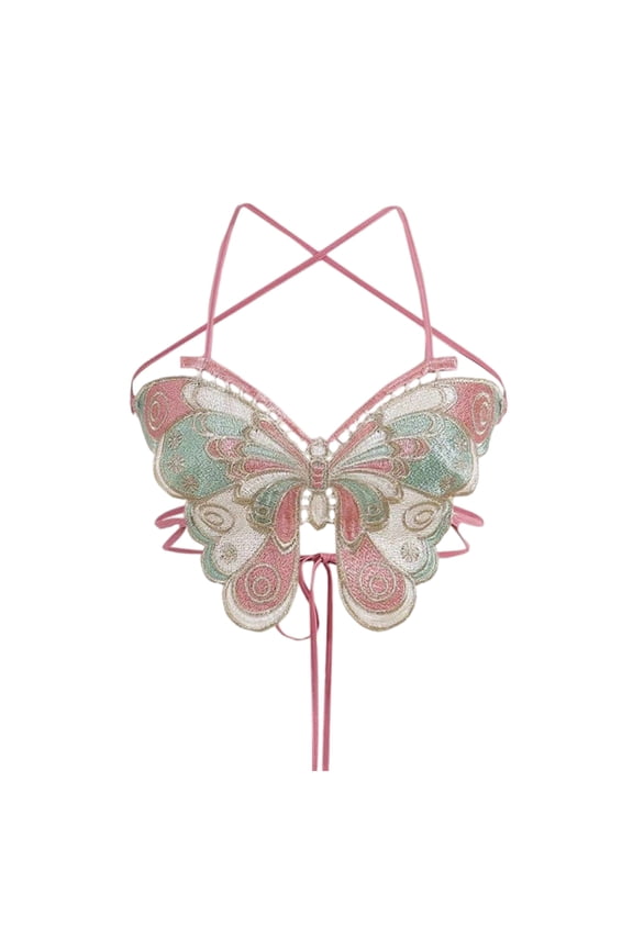 Women Sleeveless Halterneck Strappy Camisole Crop Top Butterfly Embroidery Crisscross Tie Backless Beach Bras
