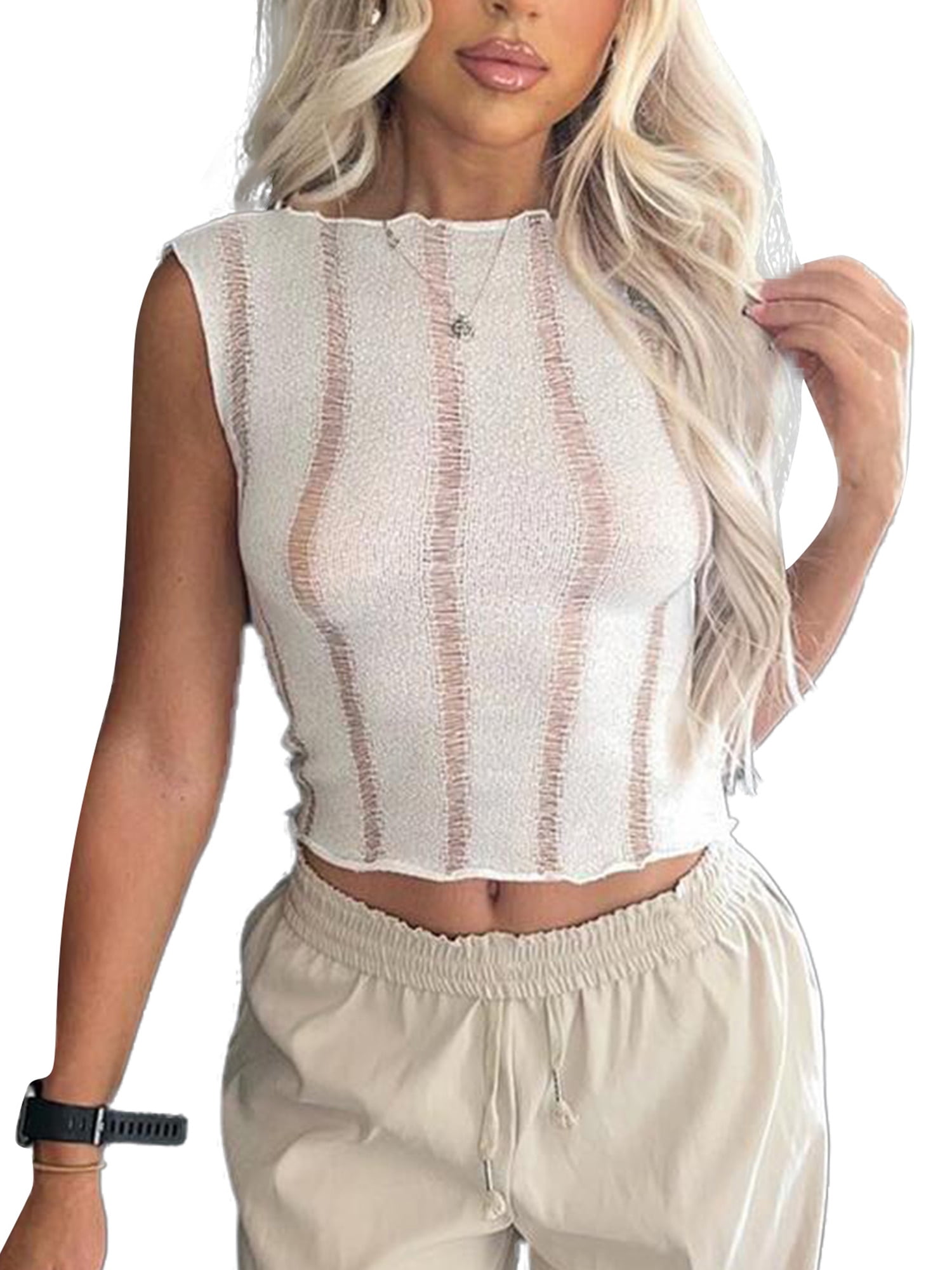 Women Sleeveless Hollow Out Tank Tops See Through Cropped Vest
