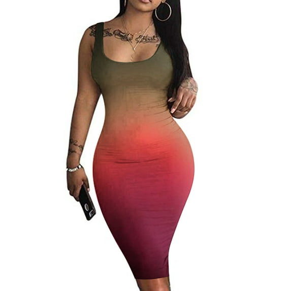 Women Sleeveless Irregular Hem Bodycon Dresses Slim Fit Elastic Sling Dress Elegant Print Square Neck Comfy Summer Sundress