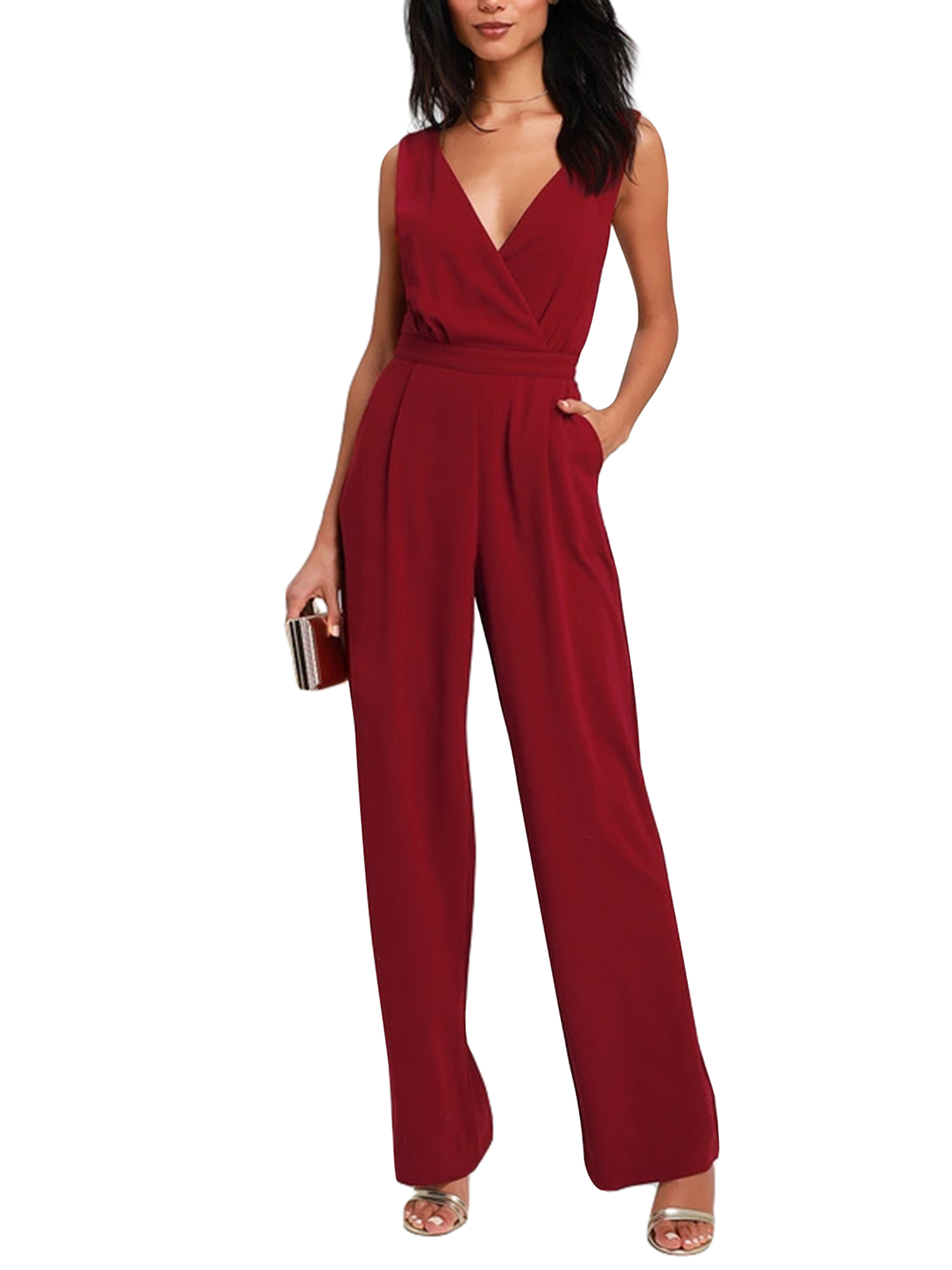 Women Sleeveless Jumpsuit Lace Patchwork Wide Leg Pants Rompers