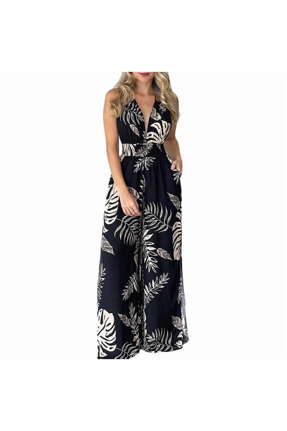 Women Sleeveless Jumpsuits Summer V Neck Modest Wrap Jumpsuits Black XXL