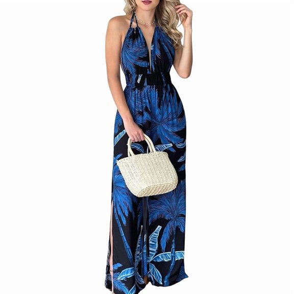 Women Sleeveless Jumpsuits Summer V Neck Modest Wrap Jumpsuits Blue XL