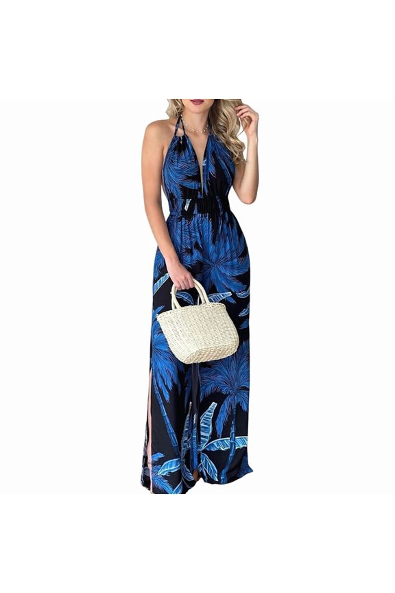 Women Sleeveless Jumpsuits Summer V Neck Modest Wrap Jumpsuits Blue XXL