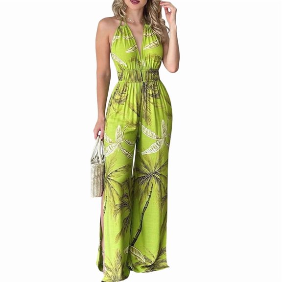 Women Sleeveless Jumpsuits Summer V Neck Modest Wrap Jumpsuits Green M