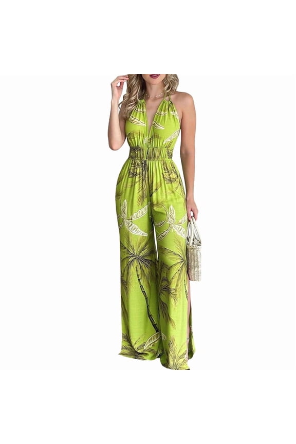 Women Sleeveless Jumpsuits Summer V Neck Modest Wrap Jumpsuits Green XXL