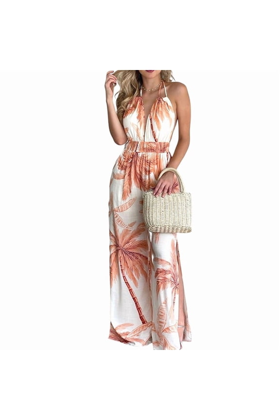 Women Sleeveless Jumpsuits Summer V Neck Modest Wrap Jumpsuits Orange XXL