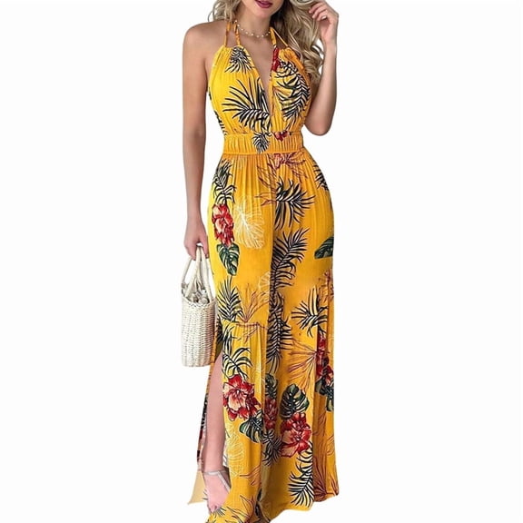 Women Sleeveless Jumpsuits Summer V Neck Modest Wrap Jumpsuits Yellow L