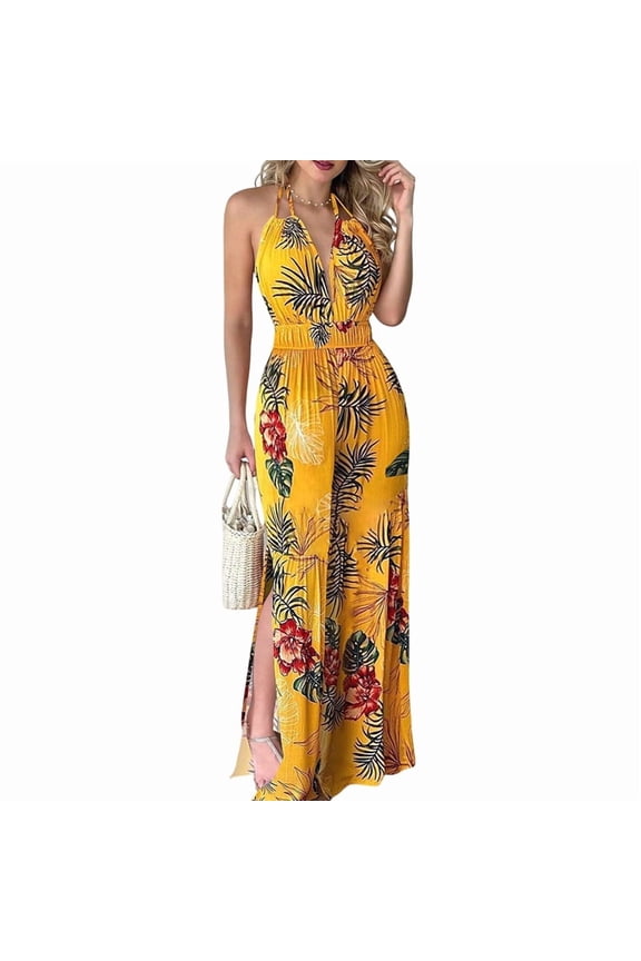 Women Sleeveless Jumpsuits Summer V Neck Modest Wrap Jumpsuits Yellow XXL