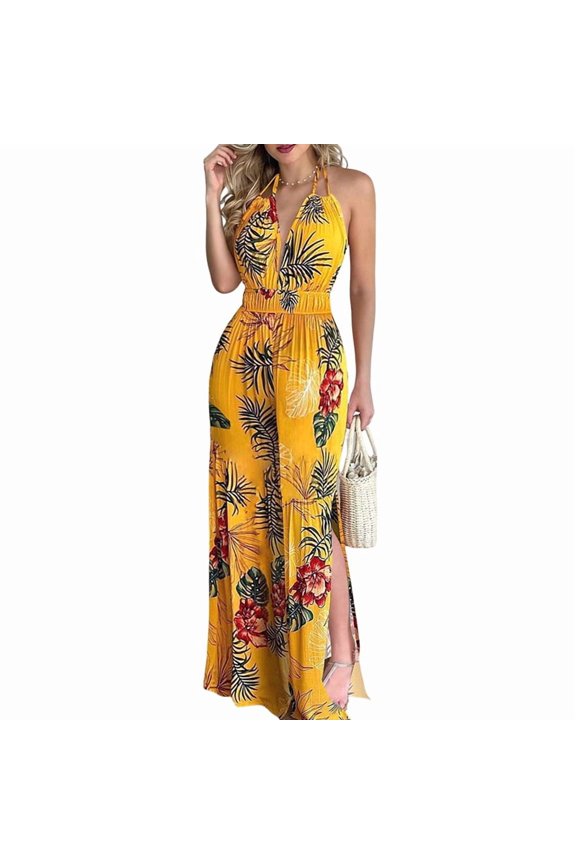 Women Sleeveless Jumpsuits Summer V Neck Modest Wrap Jumpsuits Yellow XXL