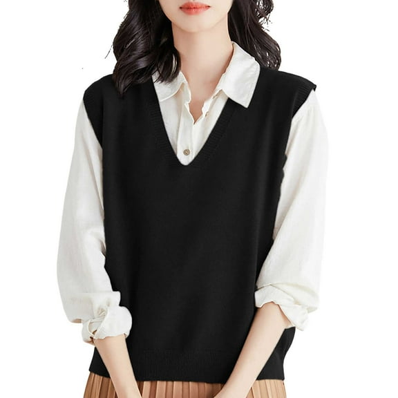 Women Sleeveless Knit Pullover Polyester V Neck Ribbed Casual Tops