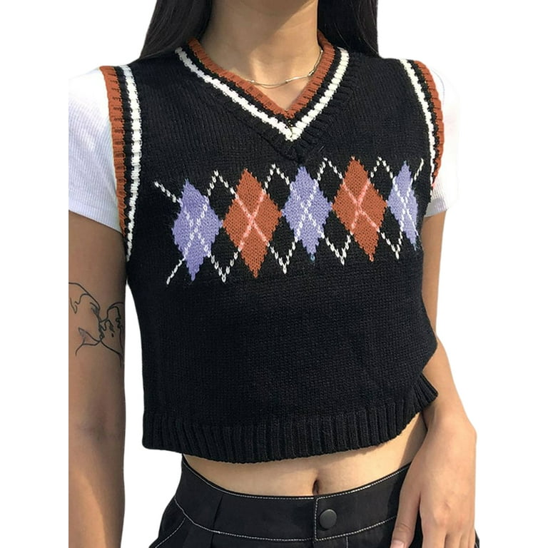 Women Sleeveless Argyle Plaid Knitted Sweater Vest Loose Streetwear Preppy  Style Knitwear V Neck Crop Tank Top