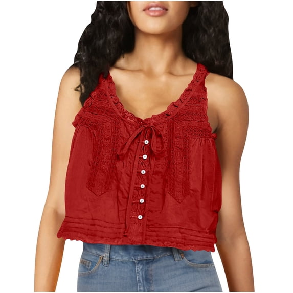 Women Sleeveless Lace Trim Tank Tops Beach Vacation Button Down Front Tie Mesh Chiffon Crop Tops