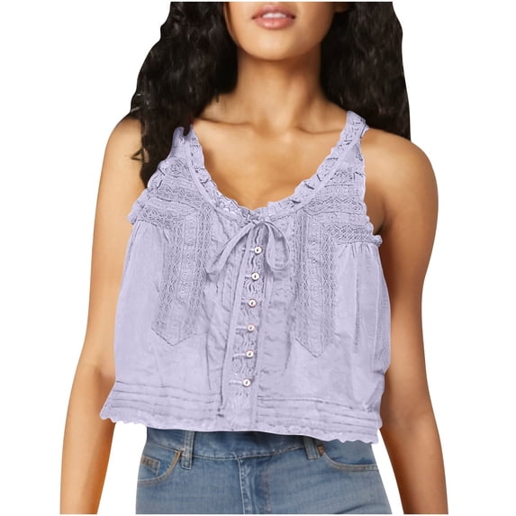 Women Sleeveless Lace Trim Tank Tops Beach Vacation Button Down Front Tie Mesh Chiffon Crop Tops