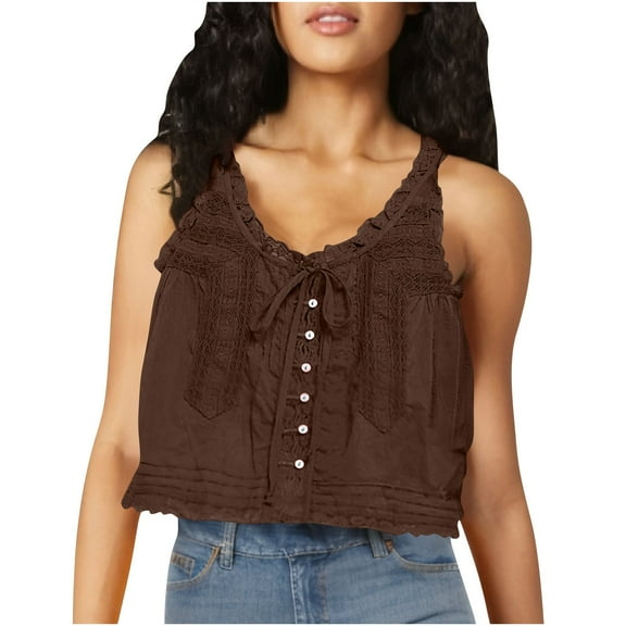 Women Sleeveless Lace Trim Tank Tops Beach Vacation Button Down Front Tie Mesh Chiffon Crop Tops