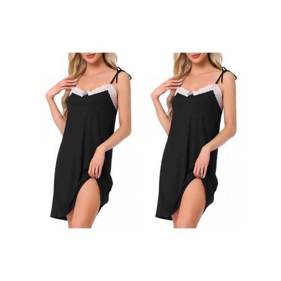 NOMADIC NOOK Women Sleeveless Lingerie Lace Nightgown Thigh Length Solid Sleepdress 2 Pack Black X-Small