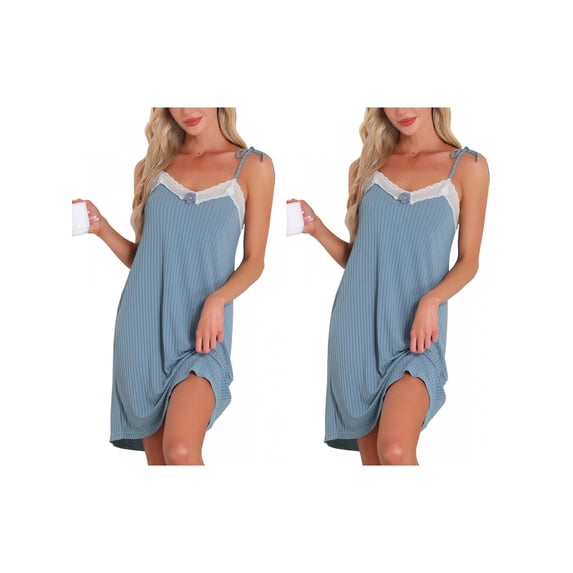 NOMADIC NOOK Women Sleeveless Lingerie Lace Nightgown Thigh Length Solid Sleepdress X-Small Black 2 Pack Blue Large