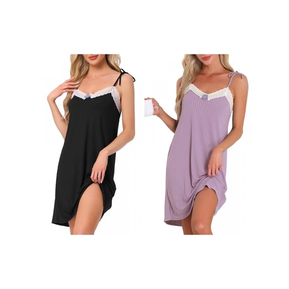 NOMADIC NOOK Women Sleeveless Lingerie Lace Nightgown Thigh Length Solid Sleepdress X-Small Black Black/Purple X-Large