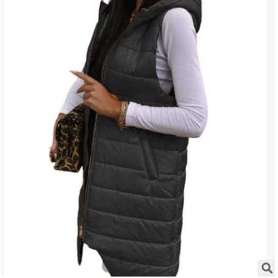 Women Sleeveless Long Vest Outwear Slim-Fit Zipper-Up Hooded Thick Pockets Cotton Down Jacket Coat