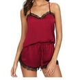 thumbnail image 1 of Women Sleeveless Loose Sleepwear Lady Lace Trim Satin Cami Top Pajama Sets, 1 of 2