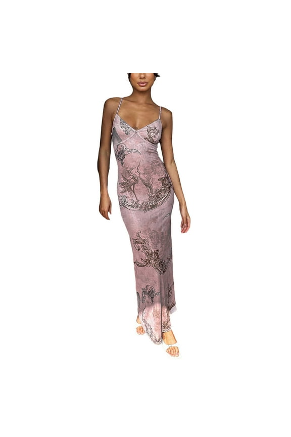 Women Sleeveless Maxi Dress Backless Bodycon Floral Printed Spaghetti Strap Long Dress Hollow Out One-Piece Summer