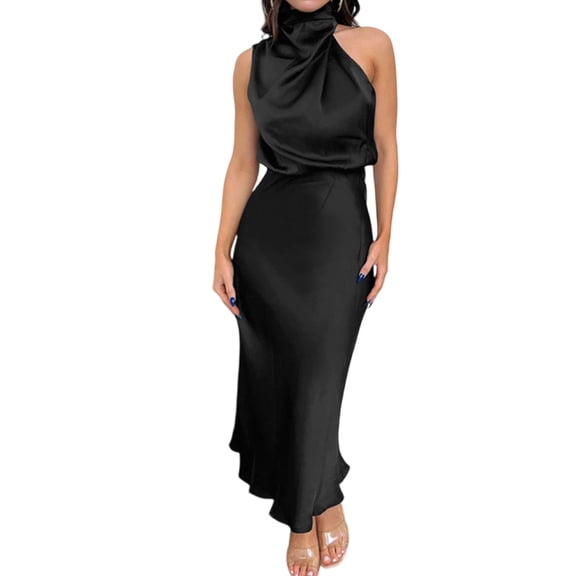 Women Sleeveless Mock Neck Cocktail Dresses Keyhole Elastic Waist Party Wedding Guest Satin High Split Mid Dress Black S