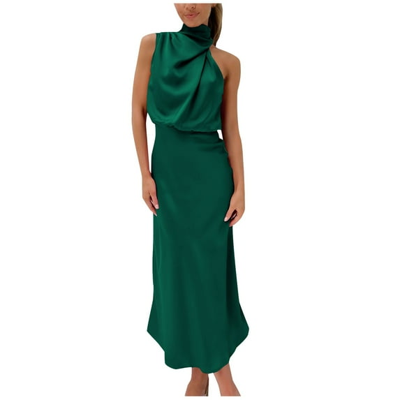 Women Sleeveless Mock Neck Cocktail Dresses Keyhole Elastic Waist Party Wedding Guest Satin High Split Mid Dress Dark Green M