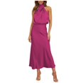 thumbnail image 1 of Women Sleeveless Mock Neck Cocktail Dresses Keyhole Elastic Waist Party Wedding Guest Satin High Split Mid Dress Hot Pink L, 1 of 3