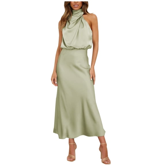 Women Sleeveless Mock Neck Cocktail Dresses Keyhole Elastic Waist Party Wedding Guest Satin High Split Mid Dress Light Green S