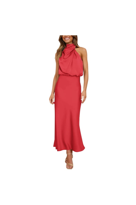 Women Sleeveless Mock Neck Cocktail Dresses Keyhole Elastic Waist Party Wedding Guest Satin High Split Mid Dress Red XL