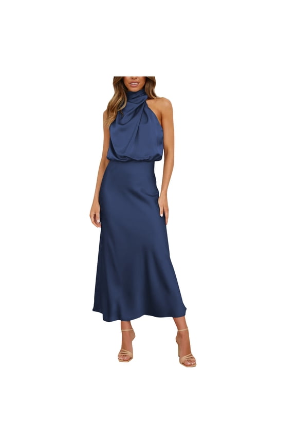 Women Sleeveless Mock Neck Cocktail Dresses Keyhole Elastic Waist Party Wedding Guest Satin High Split Mid Dress Royal Blue XL