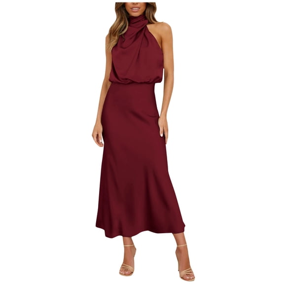 Women Sleeveless Mock Neck Cocktail Dresses Keyhole Elastic Waist Party Wedding Guest Satin High Split Mid Dress Wine 2XL