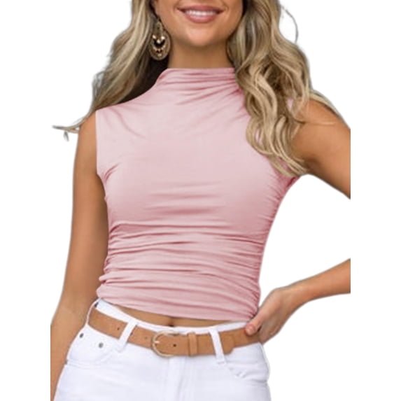 Women Sleeveless Mock Turtleneck Tank Tops Slim Crop Top Shirts