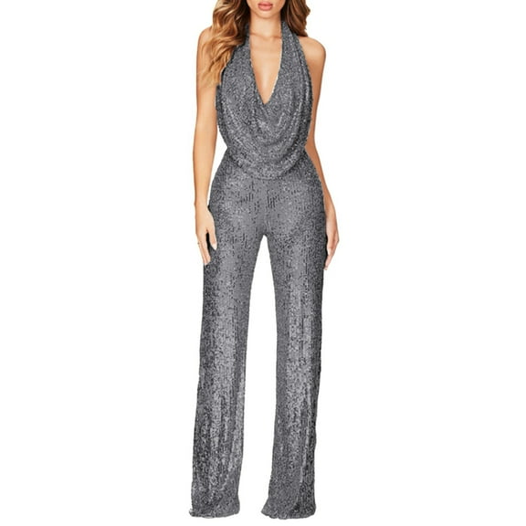 Women Sleeveless Off-Shoulder Sequin Jumpsuit - High Waist Wide Leg Party Romper - European American Style for Casual/Evening Wear